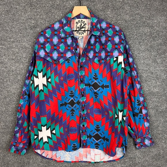 Rodeo Active Vintage Western Shirt Aztec Geometric Print Mens Large - Picture 1 of 8